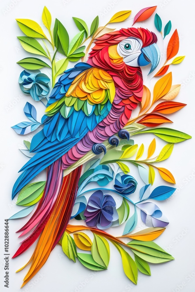 Obraz premium A multicolored paper art parrot, isolate on white background, crafted from layered paper.