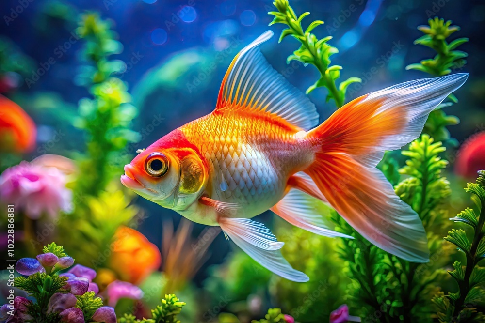 Vibrant pet goldfish swimming gracefully in a clear aquarium filled with colorful aquatic plants Vibrant pet goldfish swimming gracefully in a clear aquarium filled with colorful aquatic plants