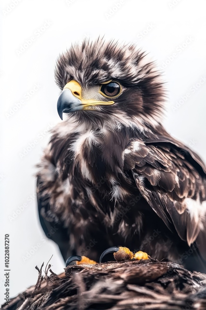 Fototapeta premium A baby eagle, isolate on white background, with fluffy feathers and a curious gaze.