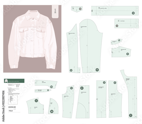 Stylish denim jacket sewing pattern in vector, sizes S and M. This comprehensive pattern includes all essential pieces such as front, back, sleeves, collar, and pockets.