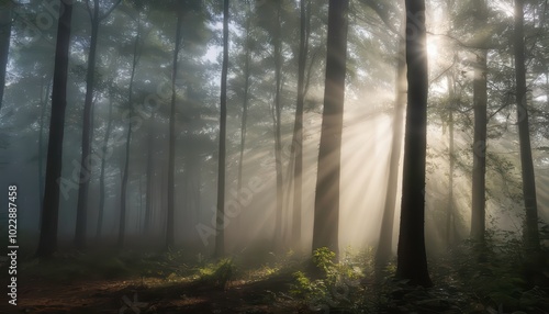 Beautiful morning forest with sun and fog, sunlight among the trees