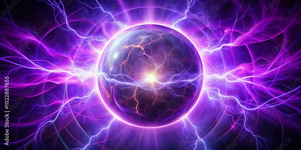 Obraz premium A vibrant sphere of energy pulsates with electric tendrils, radiating an ethereal glow against a backdrop of swirling cosmic currents.