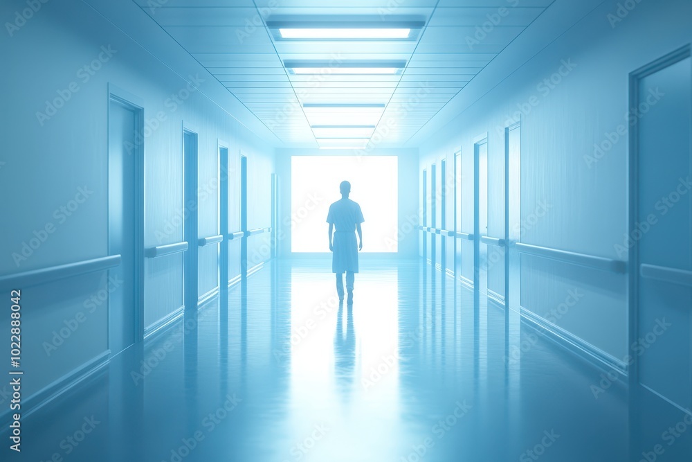 A man walks down a long, empty hallway A man walks down a long, empty hallway