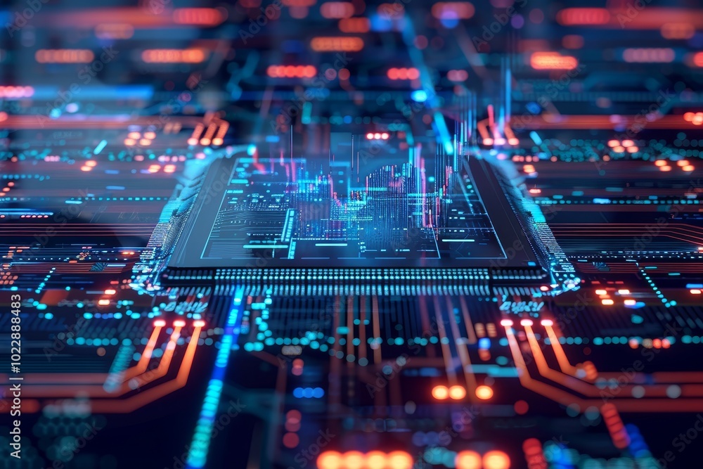 Obraz premium A detailed close-up of a circuit board illuminated with blue and orange lights shows active data processing and digital connectivity in a high-tech setting.