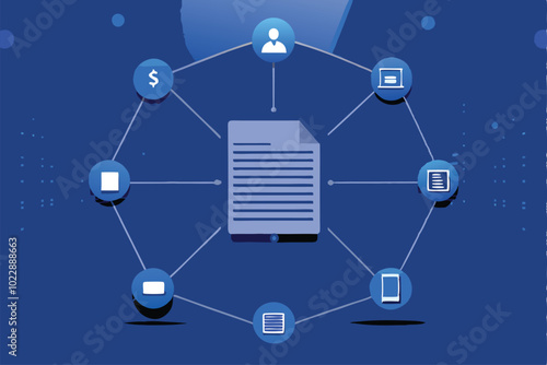 Create a vector background with a smart contract document at the center connected to icons like user, money, laptop, mobile phone, etc.