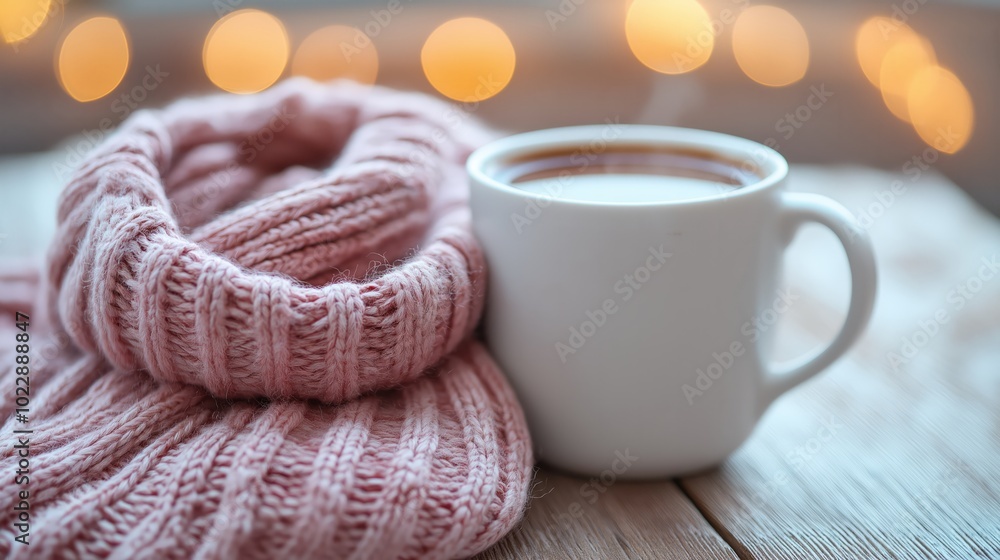 A steaming mug of hot cocoa or coffee nestled beside a soft pink knit scarf on a rustic wooden table, bathed in the warm glow of twinkling lights. A steaming mug of hot cocoa or coffee nestled beside a soft pink knit scarf on a rustic wooden table, bathed in the warm glow of twinkling lights.