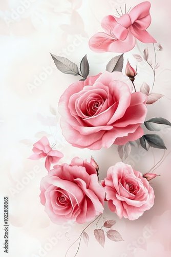 Soft pink roses with elegant bows on light background