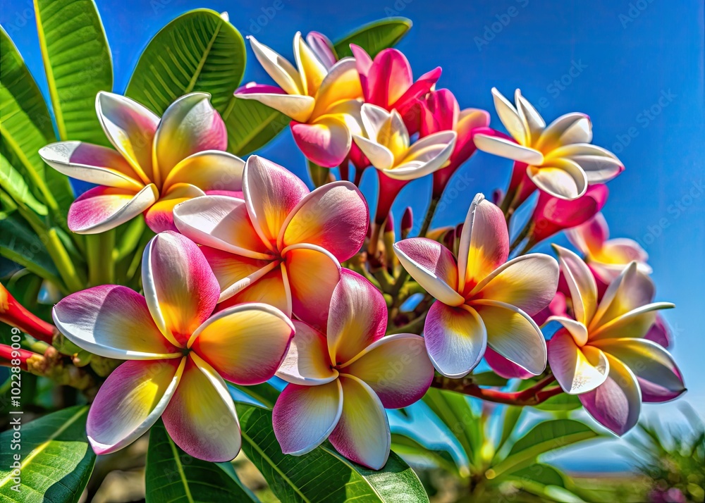 Vibrant Plumeria Flowers in Bloom Against a Clear Blue Sky Showcasing Nature's Tropical Beauty Vibrant Plumeria Flowers in Bloom Against a Clear Blue Sky Showcasing Nature's Tropical Beauty