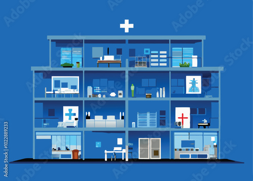 A detailed vector featuring a cross section of a hospital building.