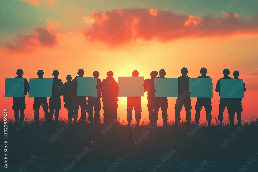 A group of soldiers stand in front of a large sun, holding up signs A group of soldiers stand in front of a large sun, holding up signs
