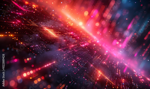 Futuristic Neon Cyber Landscape with Abstract Geometric Shapes and Lights in Dark Cyberspace Setting