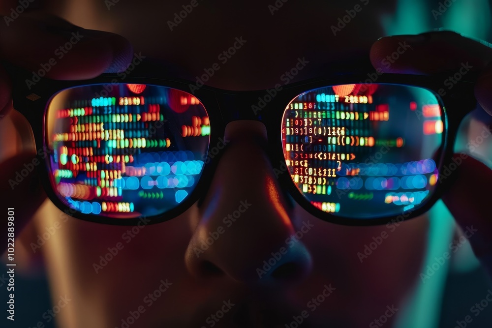 A tech enthusiast adjusts their glasses, revealing vibrant lines of code reflected in the lenses as they focus intently on coding in a dark, ambient setting. A tech enthusiast adjusts their glasses, revealing vibrant lines of code reflected in the lenses as they focus intently on coding in a dark, ambient setting.