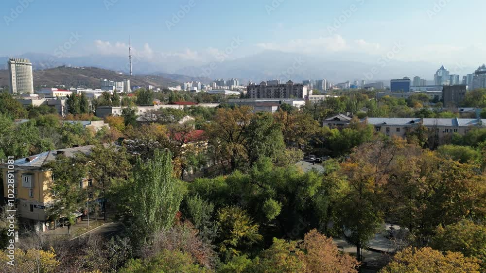 View of the city. Buildings and streets. Trees in autumn foliage. Background plate. The view from the drone. Chroma Key Video Background. View of the city. Buildings and streets. Trees in autumn foliage. Background plate. The view from the drone. Chroma Key Video Background.