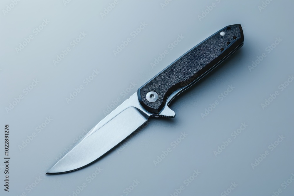 A sleek folding knife displayed on a gray surface, showcasing its sharp blade and ergonomic handle design A sleek folding knife displayed on a gray surface, showcasing its sharp blade and ergonomic handle design