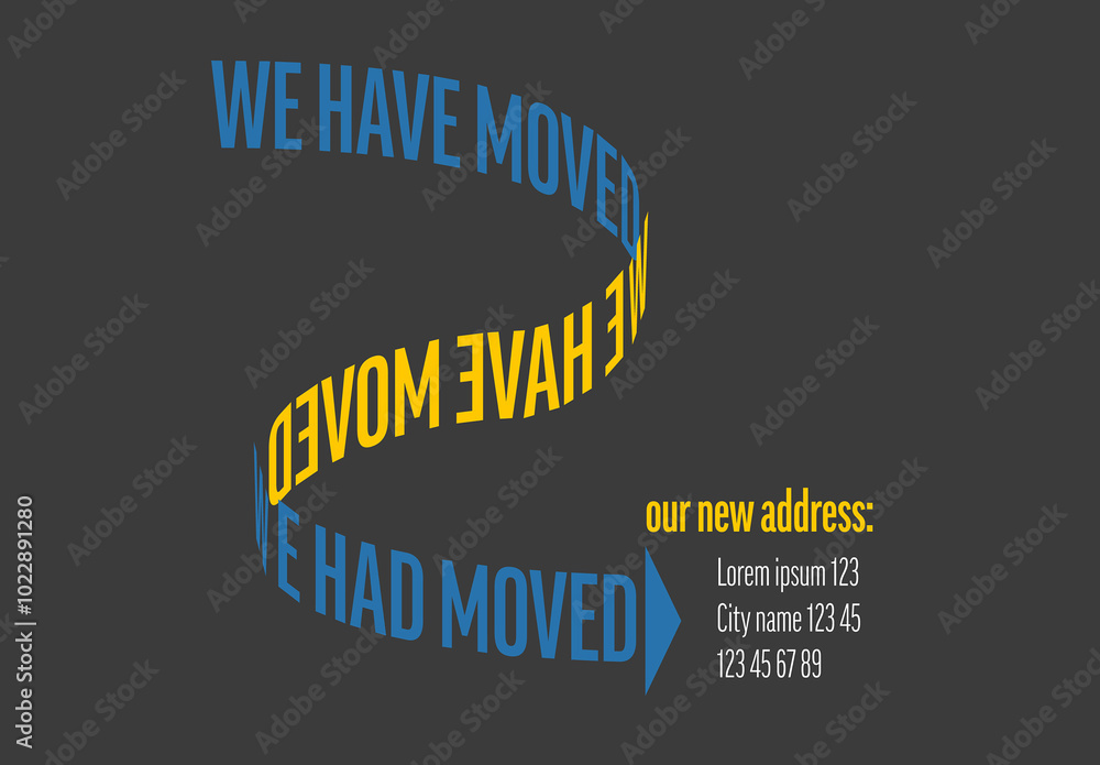 We have moved dark minimalistic flyer template with blue and yellow text on the path
