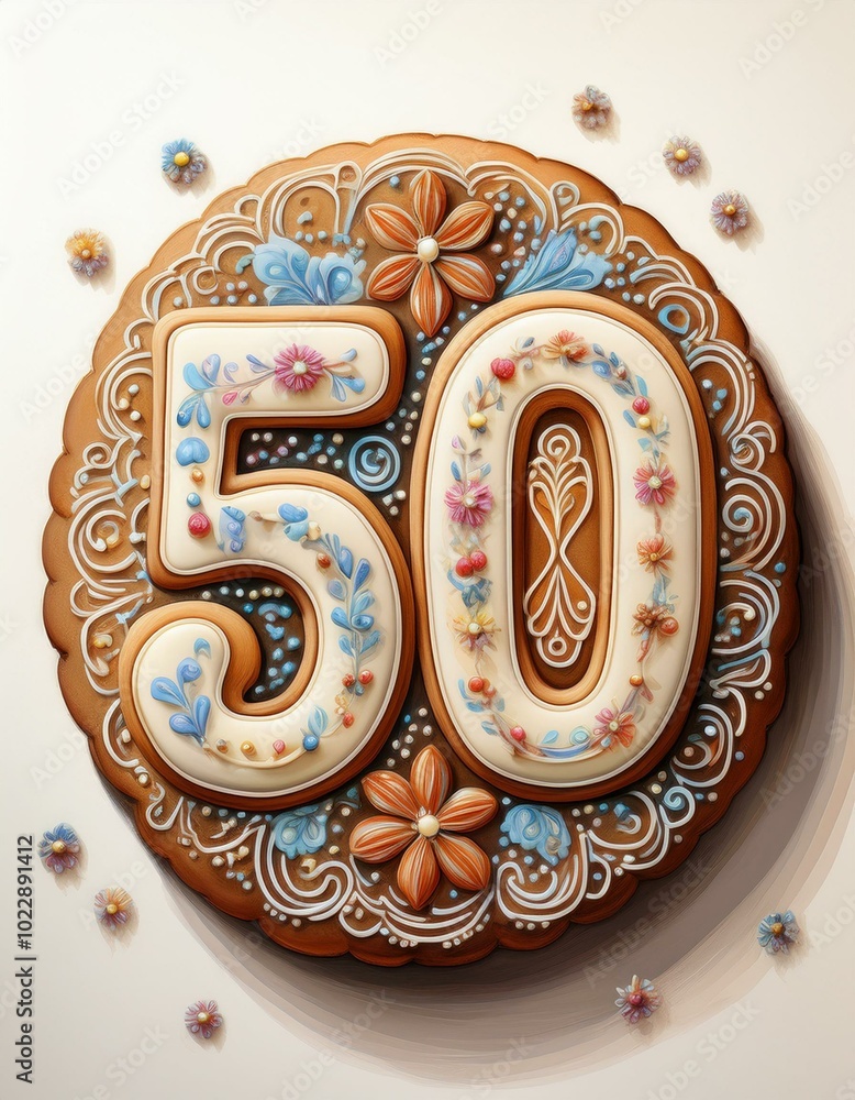 Decorated cookie, number 50, illustration for birthday or anniversary celebration Decorated cookie, number 50, illustration for birthday or anniversary celebration