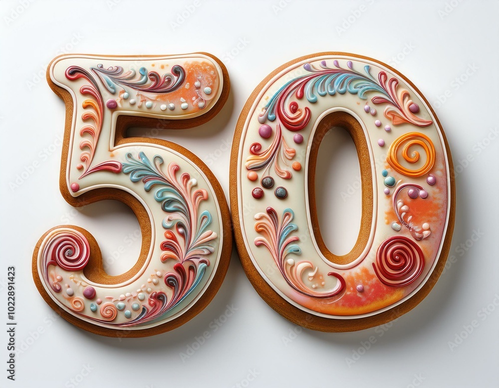 Decorated cookie, number 50, illustration for birthday or anniversary celebration Decorated cookie, number 50, illustration for birthday or anniversary celebration