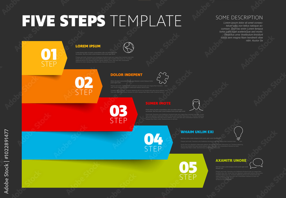 Rainbow horizontal five arrows steps infographic template with icons and descriptions
