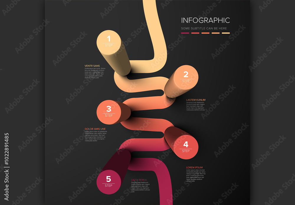 Five round red columns infographic template with five steps instructions on gradient path