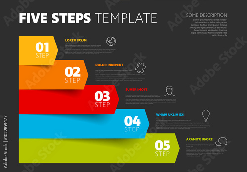 Obraz na płótnie Rainbow horizontal five arrows steps infographic template with icons and descriptions w salonie