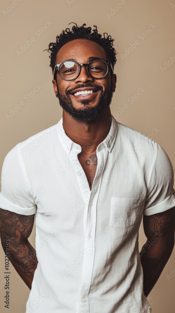 Obraz premium A man with a beard and glasses is smiling and wearing a white shirt