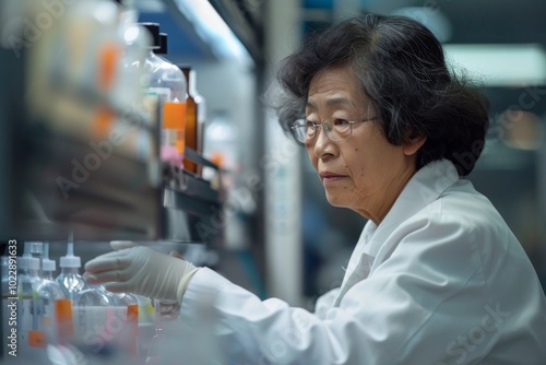 A dedicated scientist in a lab coat examines various samples on a shelf while conducting important research in a well-equipped laboratory during the evening.