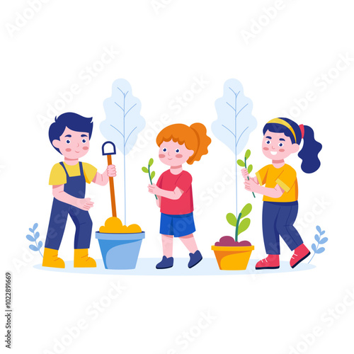 Kids gardening illustration in a flat style 

