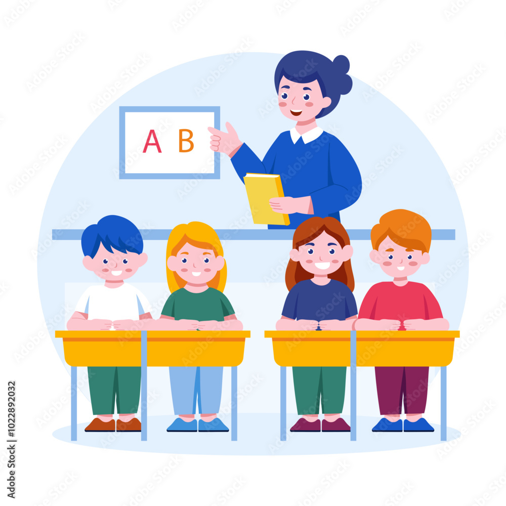 Teacher taking a class of children, flat style illustration
Teacher taking a class of children, flat style illustration