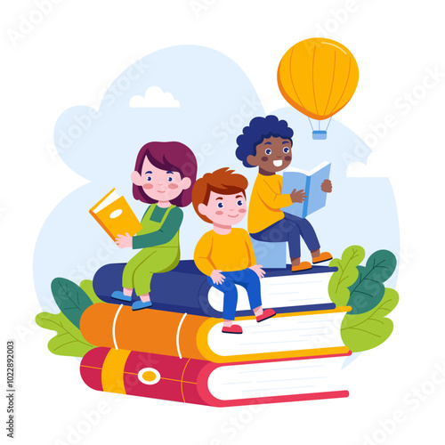 Kids reading books, a flat style illustration 

