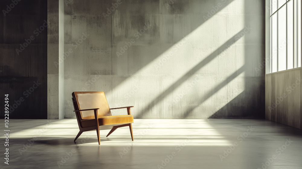 Fototapeta premium Mid-century modern chair centered in a spacious, empty concrete room, minimal decor with clean angles and harsh lighting contrasts
