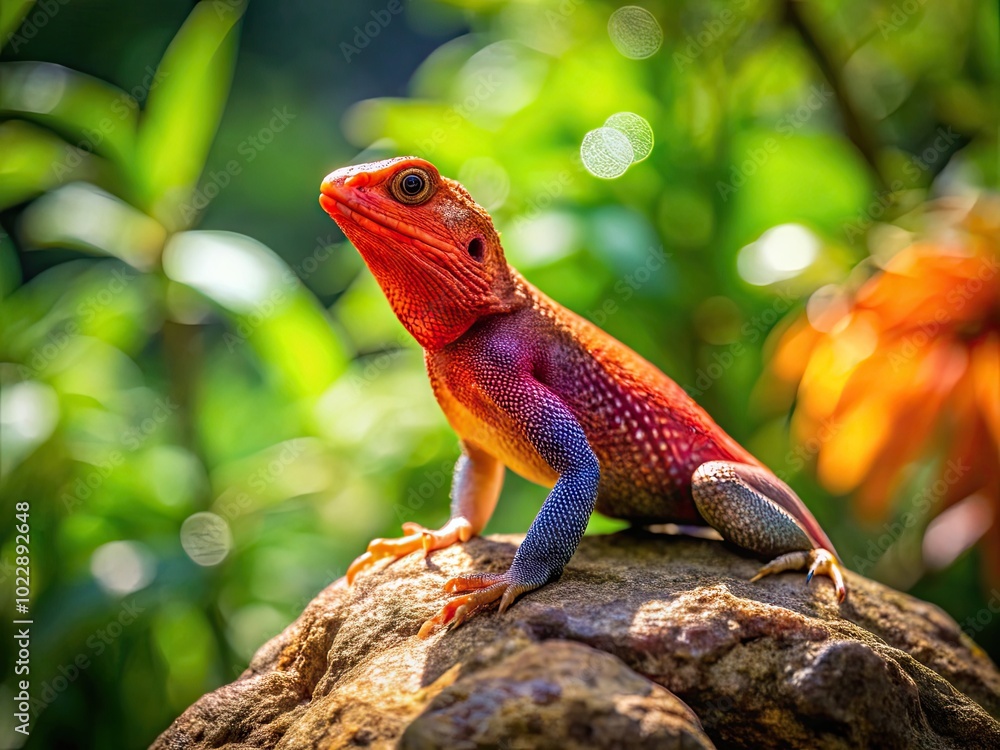 Vibrant Red Neck Lizard Perched on a Rock in a Natural Habitat Under Bright Sunlight and Greenery Vibrant Red Neck Lizard Perched on a Rock in a Natural Habitat Under Bright Sunlight and Greenery