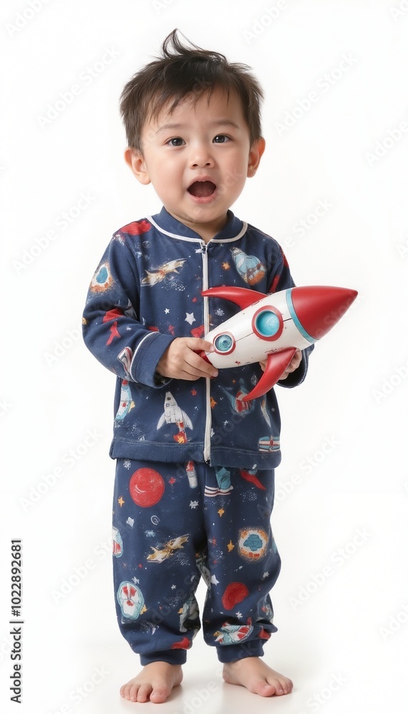 Excited three-year-old Asian boy in pajamas holding a toy rocket on white background Excited three-year-old Asian boy in pajamas holding a toy rocket on white background
