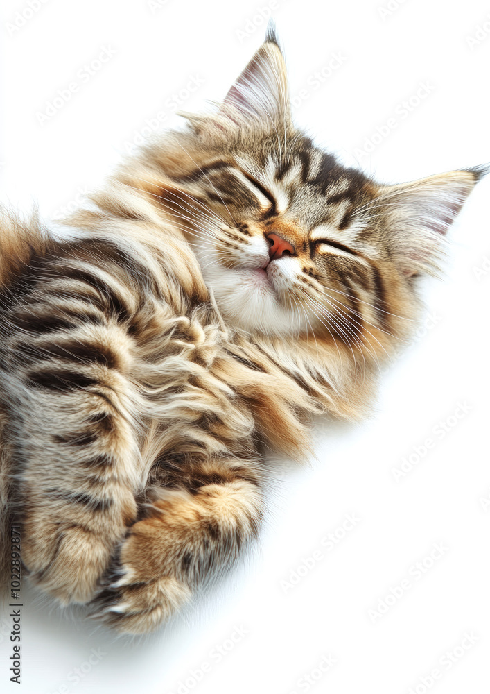 Fototapeta premium Fluffy Cat Lying on Its Side with Paws Tucked Under, Exuding Comfort