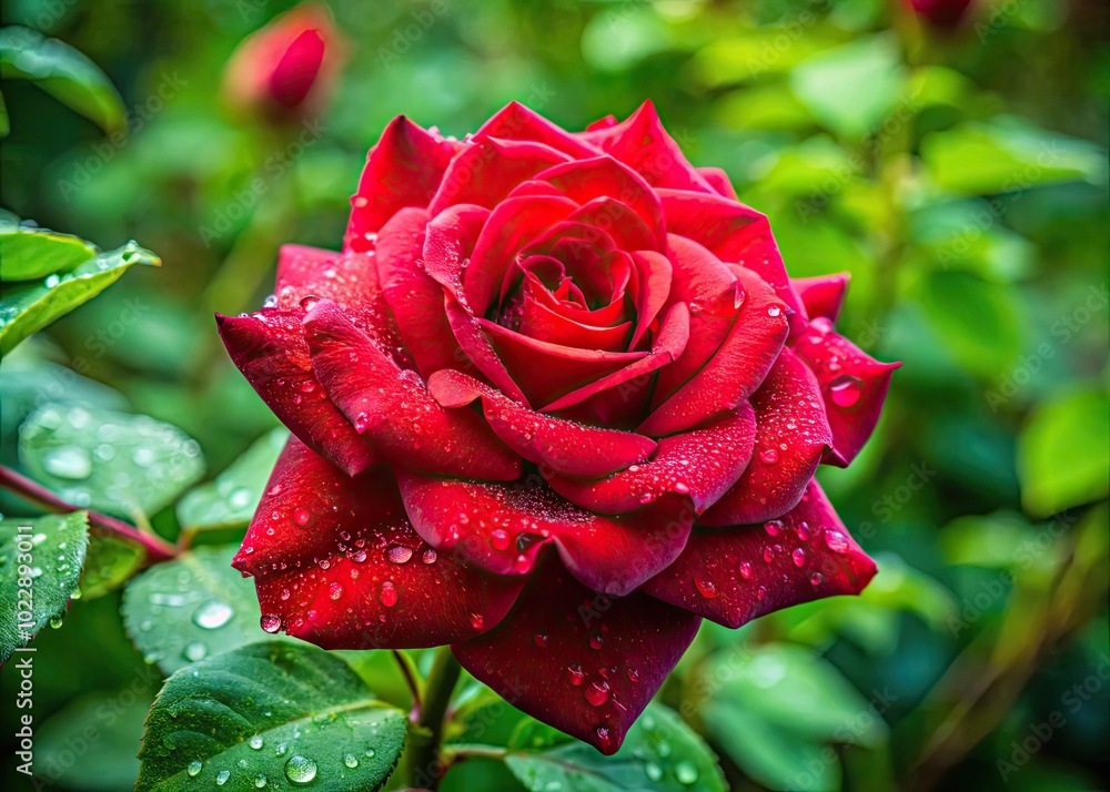 Vibrant Red Rose Blooming in Garden with Dewdrops Against a Soft Focus Background of Green Leaves Vibrant Red Rose Blooming in Garden with Dewdrops Against a Soft Focus Background of Green Leaves