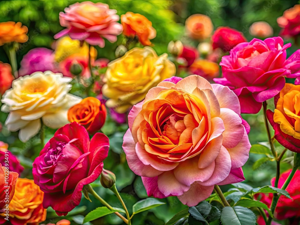 Vibrant Roses in a Lush Garden Setting Showcasing Nature's Beauty and Colorful Floral Diversity Vibrant Roses in a Lush Garden Setting Showcasing Nature's Beauty and Colorful Floral Diversity