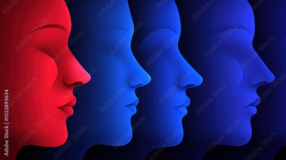 Abstract depiction of stylized faces in gradient colors representing diversity and identity. Abstract depiction of stylized faces in gradient colors representing diversity and identity.