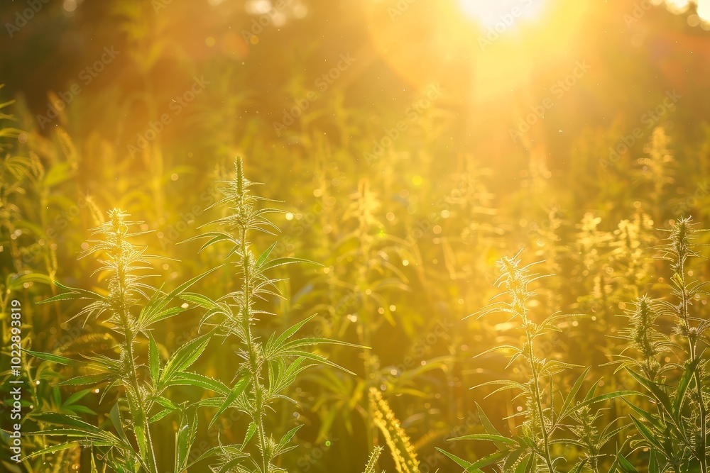 Golden sunlight casts a warm glow over lush green plants in a peaceful field, highlighting the beauty of nature during early evening hours.