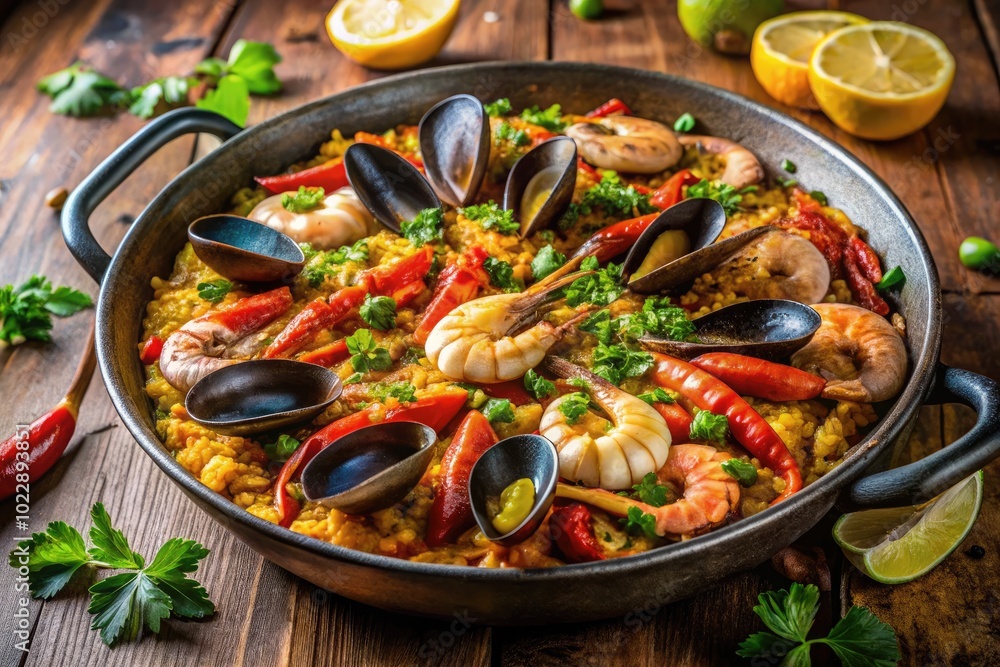 Vibrant seafood paella with fresh ingredients and colorful presentation in a traditional pan Vibrant seafood paella with fresh ingredients and colorful presentation in a traditional pan