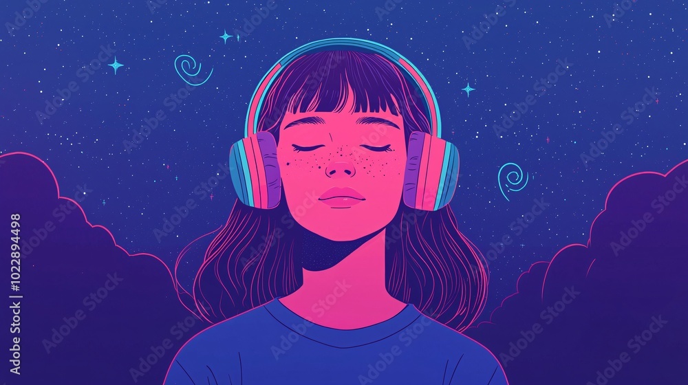 Cosmic Melody: A girl finds solace in music under a vibrant night sky, headphones on, eyes closed in peaceful bliss. Cosmic Melody: A girl finds solace in music under a vibrant night sky, headphones on, eyes closed in peaceful bliss.