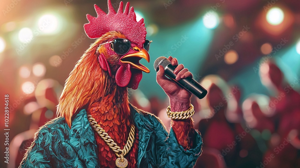 Singer Rooster Cool Rooster Rockstar: A vibrant, stylized illustration of a rooster ...