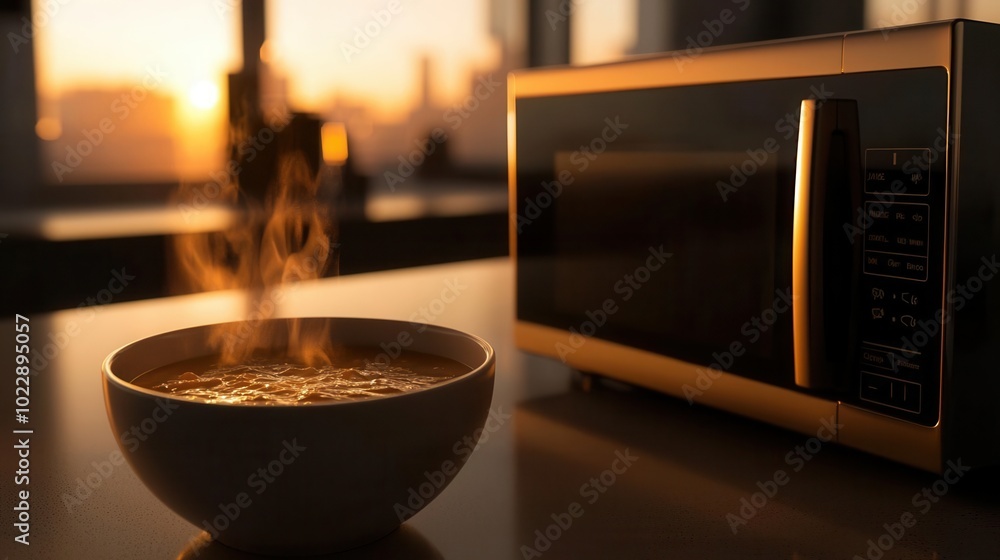 A modern kitchen featuring a sleek microwave oven heating up a bowl of soup
