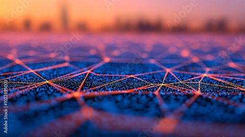 Global Network at Sunset: Abstract image of a digital network connection with glowing lines connecting nodes, set against a blurred city skyline at sunset. Evokes themes of connectivity, technology.