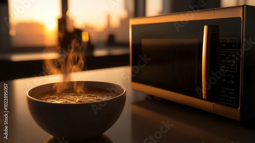 Obraz na płótnie A modern kitchen featuring a sleek microwave oven heating up a bowl of soup w salonie