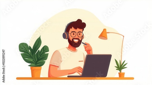 A sales representative working remotely, speaking to clients on a headset while analyzing data on a laptop, [National Salesperson Day], [remote work, sales strategy], ,