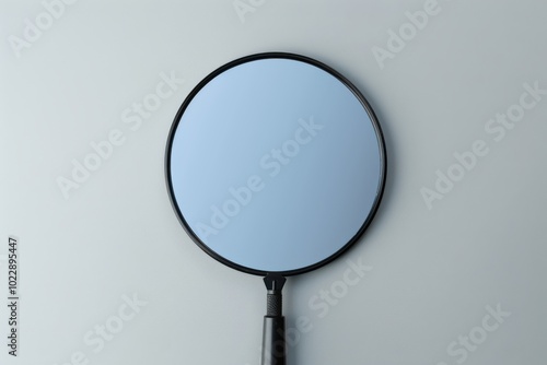 Simple round mirror with a black handle reflecting a soft blue background photo