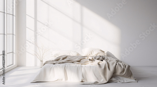 Minimalist bed against a white wall, featuring a single, soft blanket draped across the center. Natural light streaming through a nearby window