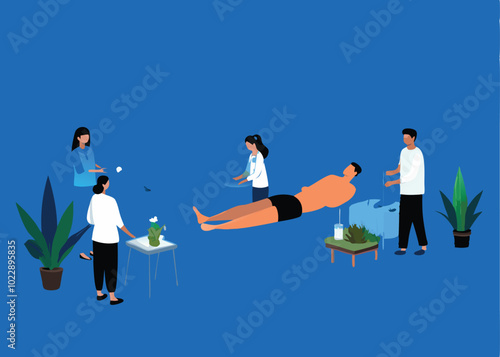 A vector illustration depicting a wellness center with a man lying down, two women, and a man holding a glass of water.