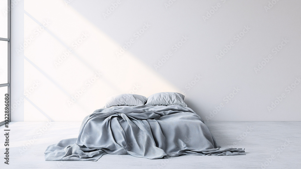 Minimalist bed with one blanket draped casually across the center, framed by empty space and clean, white walls