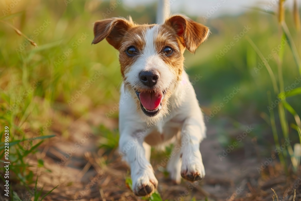 A cheerful dog leaps joyfully across a sunny field filled with lush green grass, embodying the spirit of a fun-filled afternoon outdoors. A cheerful dog leaps joyfully across a sunny field filled with lush green grass, embodying the spirit of a fun-filled afternoon outdoors.