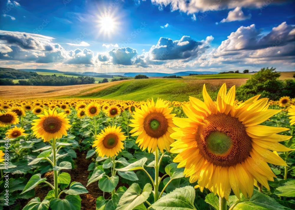 Fototapeta premium Vibrant summer landscape featuring lush green fields, blue skies, and bright sunflowers in full bloom